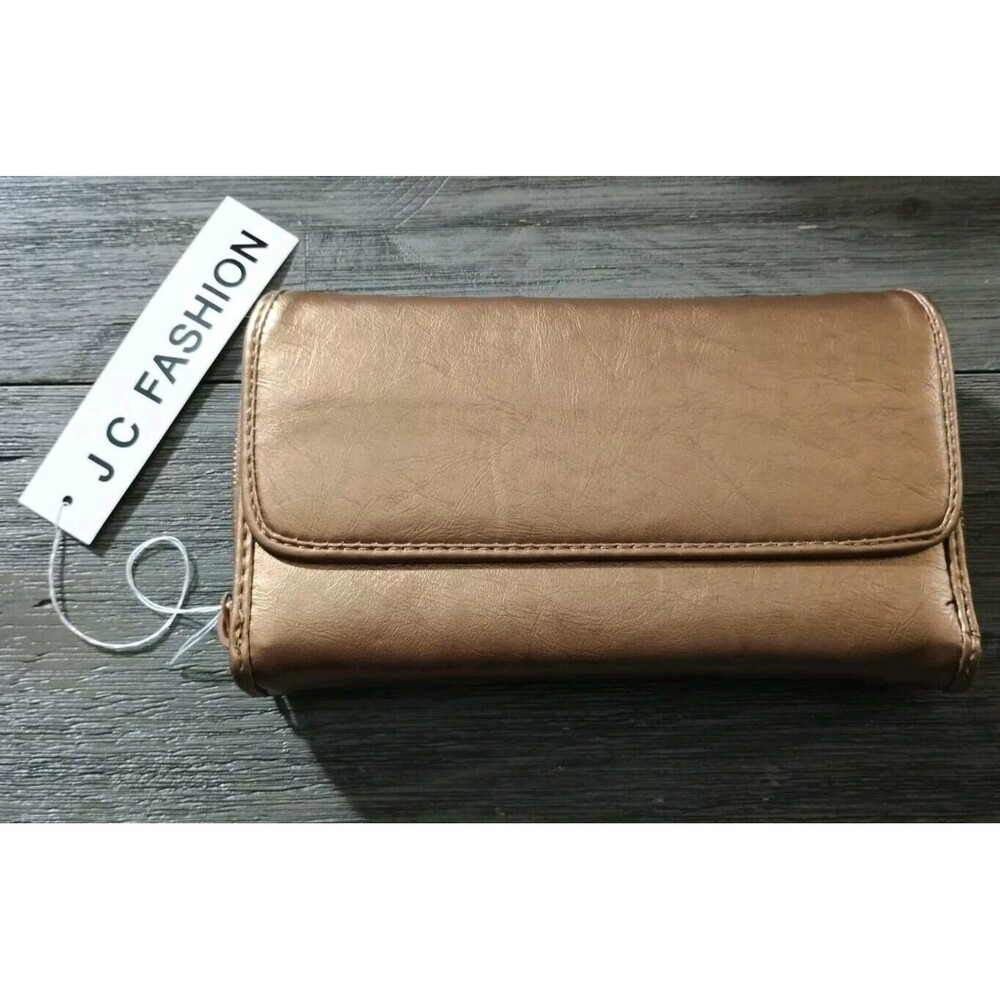 JC Fashion Brass Tone Faux Leather Large Wallet New